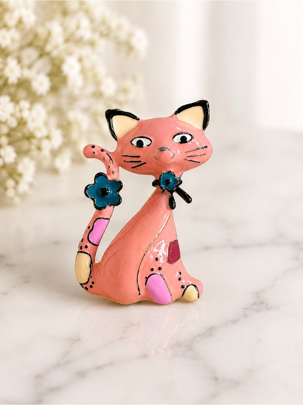 Pink Decorative enamel Cat brooch with Blue Flower Accent pendant